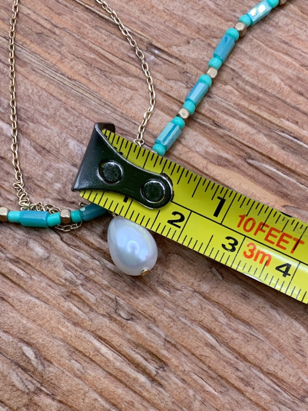 Plunder Design Double Gold Tone Chain Turquoise Beaded Pearl Pendant Necklace - Picture 5 of 5